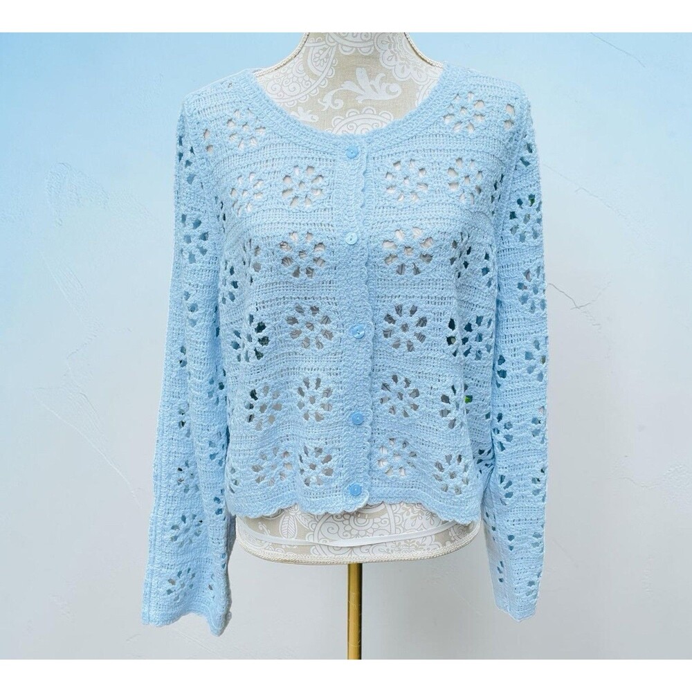 Ultra Pink XL Blue Floral Crochet Cardigan Open Knit Boho Sweater Button Front